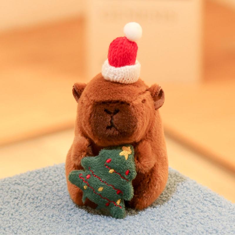 Lovely Christmas Capybara Pendant Plush Keychain Cute Soft Stuffed Doll Toy Backpack Hanging Decoration New Year Gift