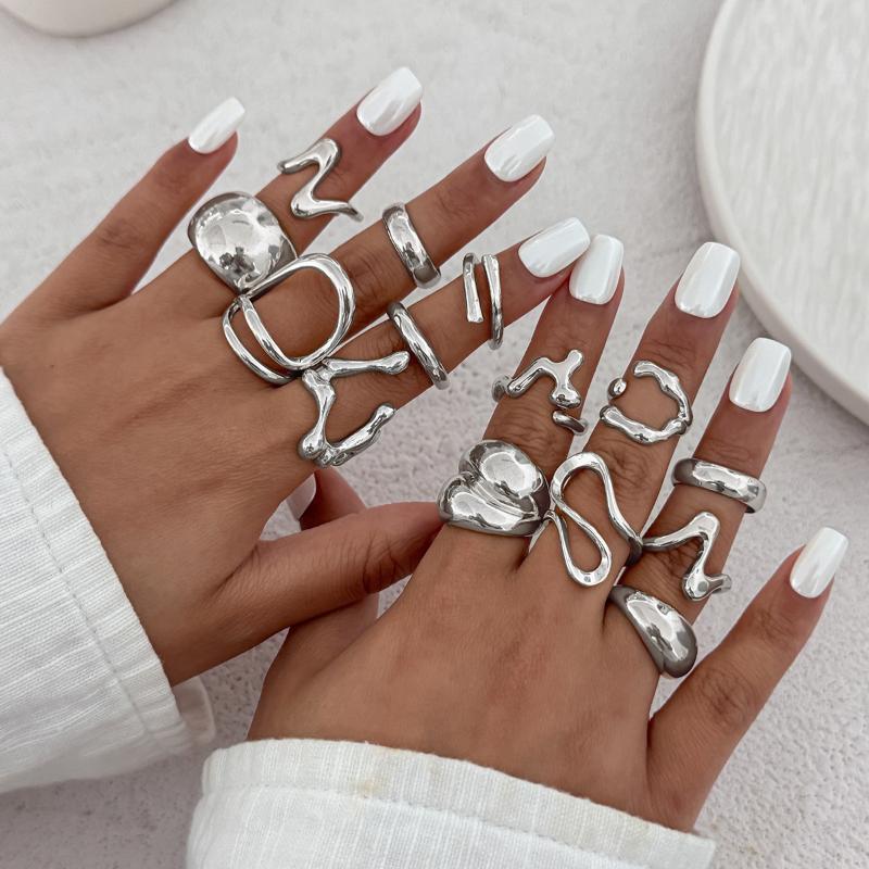 1Set Irregular Glossy Metal Open Rings For Women Vintage Punk Gold Silver Color Personality Finger Ring Female Jewelry