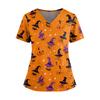 Women V Neck Short Sleeve Split Hem Halloween Print Scrub Top with Dual Pockets for Nurse and Caregiver Uniform