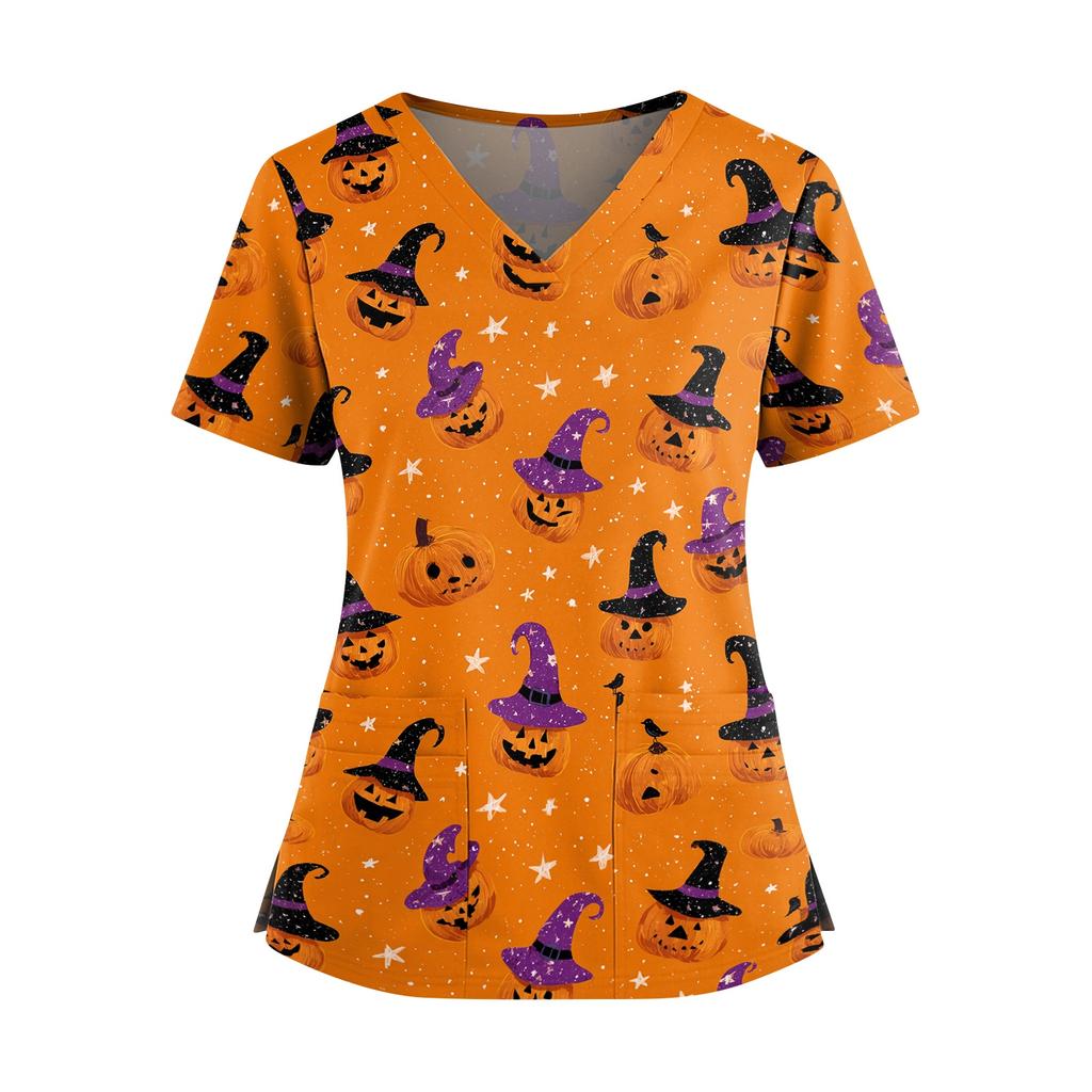Women V Neck Short Sleeve Split Hem Halloween Print Scrub Top with Dual Pockets for Nurse and Caregiver Uniform