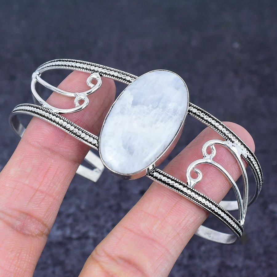 Natural Moonstone Gemstone 925 Sterling Silver Cuff Bangle Adjustable v7K17