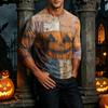 Men's Henley Neck Halloween Print Raglan Sleeve Three Quarter Length Shirt Casual Lightweight Pullover Top for Fall and Everyday Wear