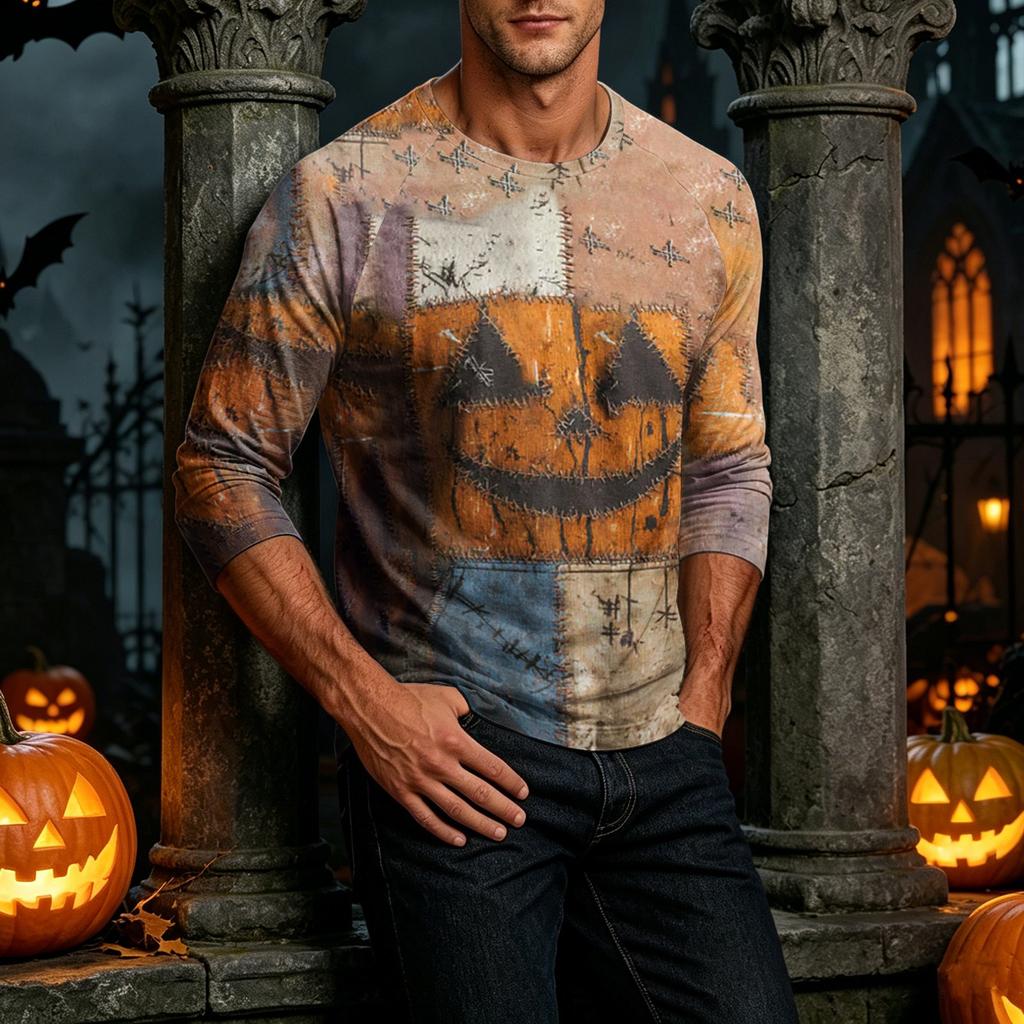 Men's Henley Neck Halloween Print Raglan Sleeve Three Quarter Length Shirt Casual Lightweight Pullover Top for Fall and Everyday Wear