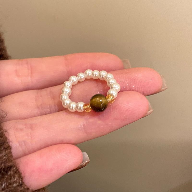 

Vintage Brown Stones Imitation Pearls Beaded Rings for Women Girls Light Luxury Fashion Rings Jewelry Daily Commute Accessories