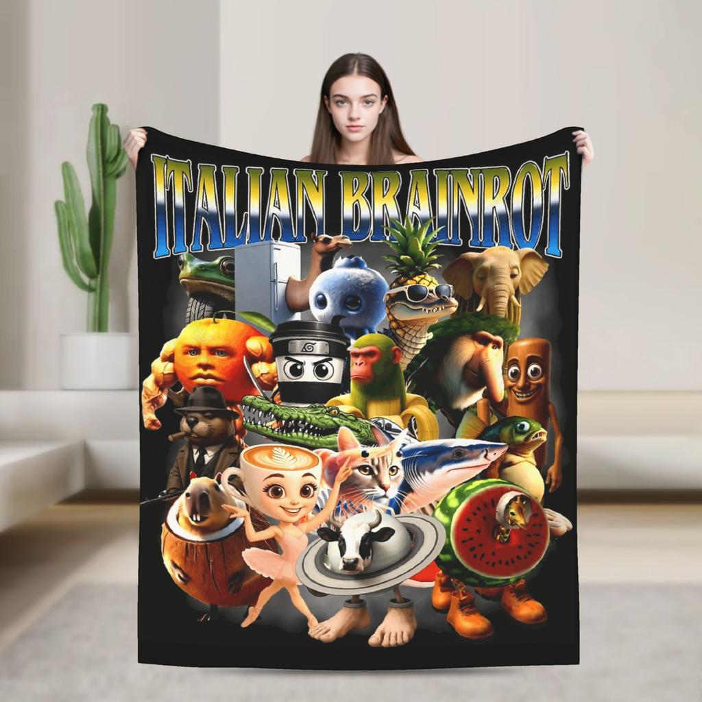 Lustige italienische Brainrot-Decke Weich Warm Streetwear Trend Plüsch Bettwäsche Überwürfe Für Heimdekoration Picknick Flanell Tagesdecke Bettbezug