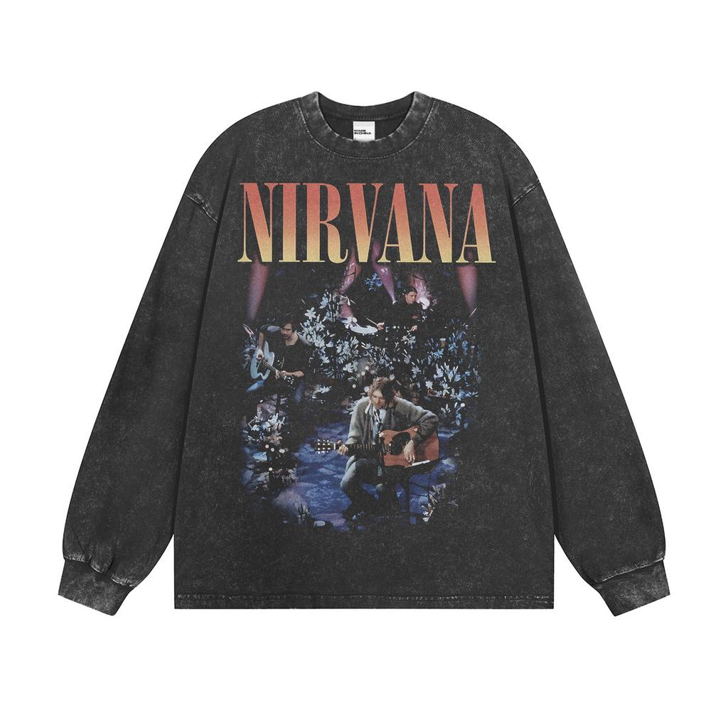 Maglietta a maniche lunghe band Nirvana vintage europeo e americano lavata effetto invecchiato maglietta a maniche corte Nirvana per uomo e donna
