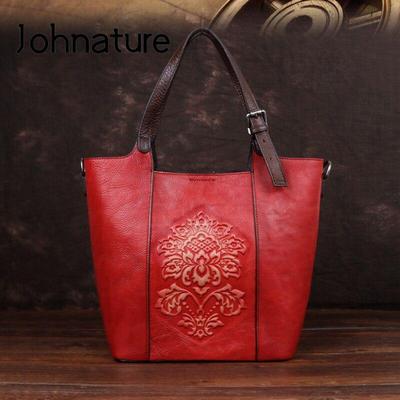 Retro Luxury Handbags Women Bucket Bag Vintage Large Capacity Floral Cowhide Handmade Embossing Shoulder Bags