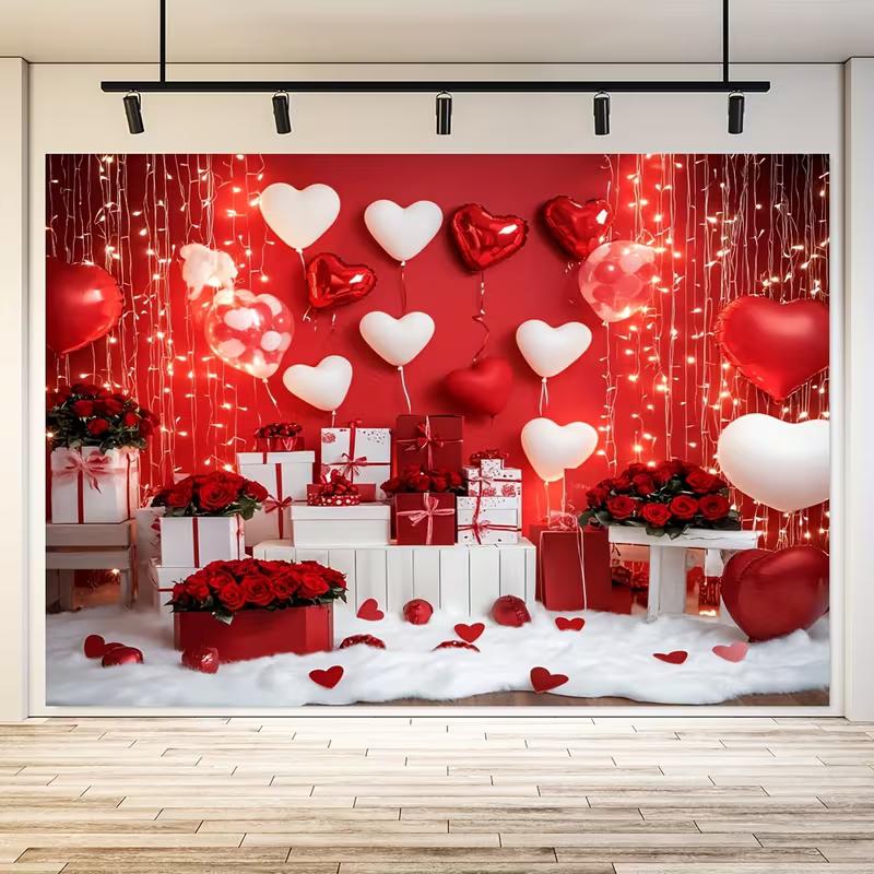 2D Red Heart Valentine Banner, Romantic Light & Rose Backdrop, Engagement Party Photo Booth Decor