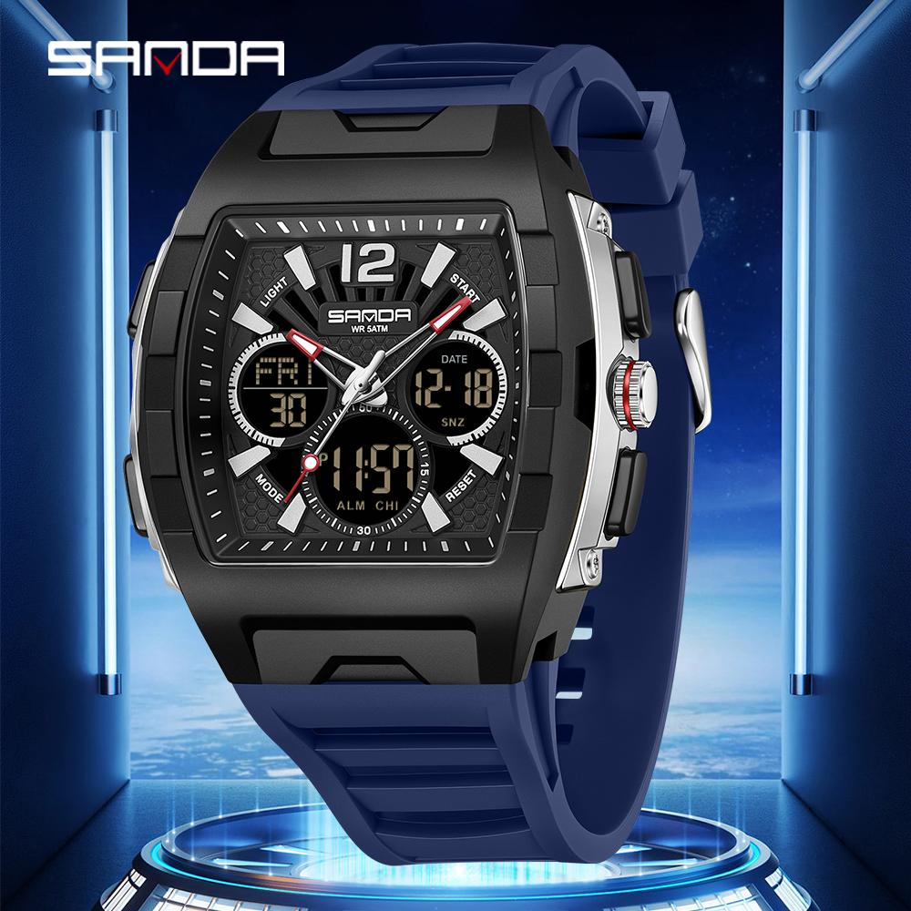 SANDA 3396 Fashion Electronic Watches for Man Dual Display Students Luminous Alarm Clock Sports Waterproof LED Digital Watch