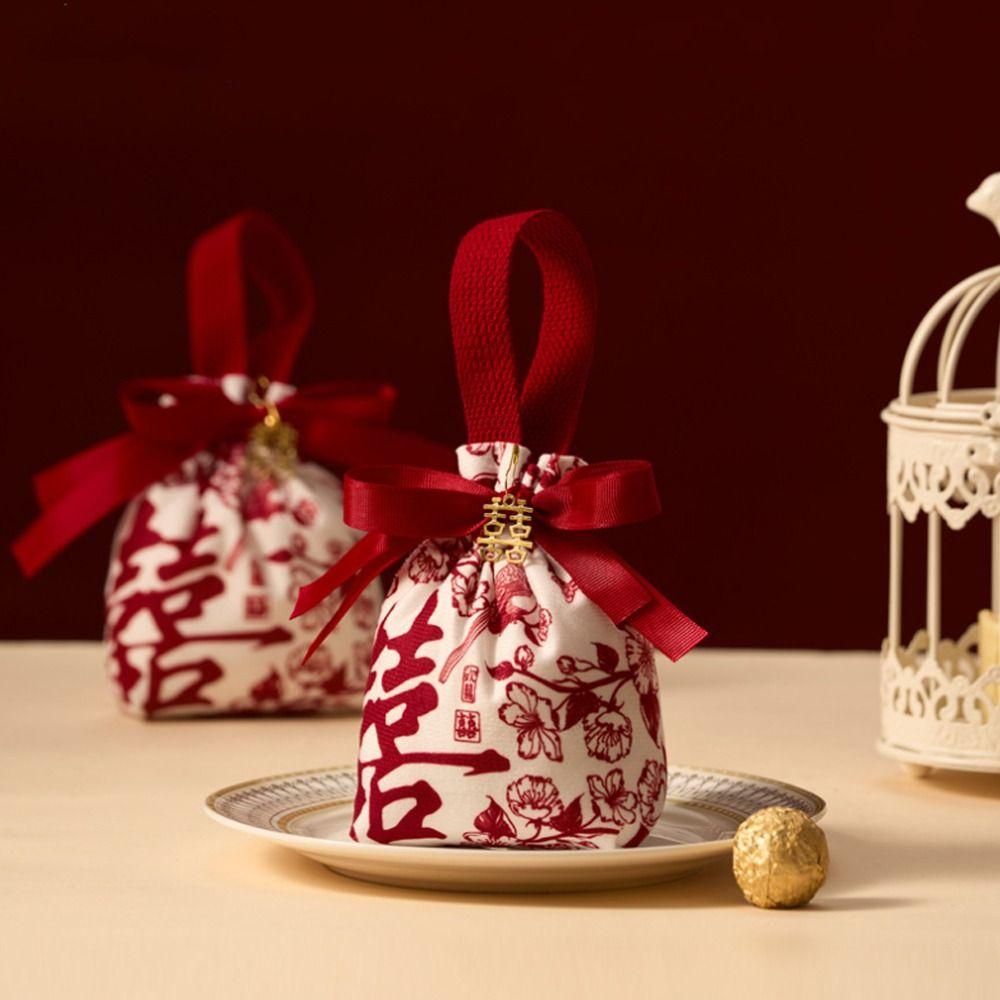 5pcs Chinese Style Drawstring Bag Flowers Gift Packing Bag Fashion Wrist Hand Bag Female/Girls