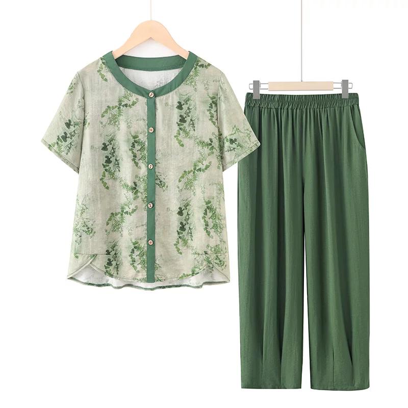 Elderly Women s Plus Size Ice Silk Short Sleeve Outfit Set 4XL