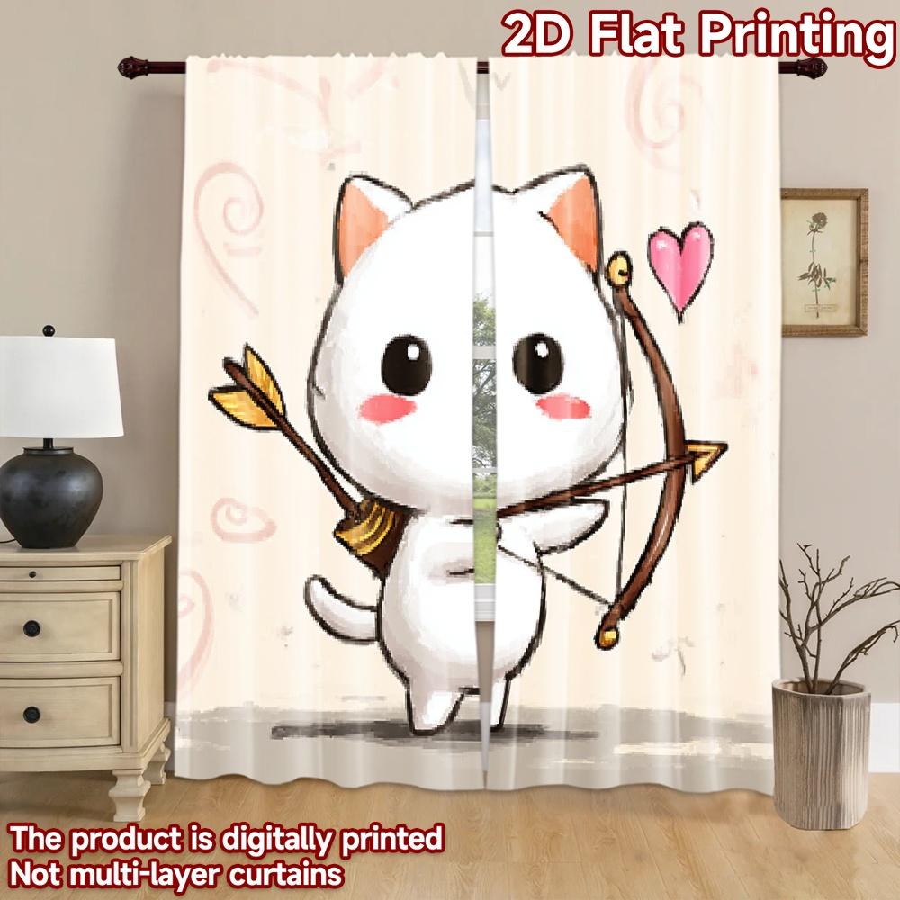2D flat printing 2pcs Window Treatment Curtains Cute cat cupid bow Digital Printed Polyester Drapes Festive Wall Decor Use for