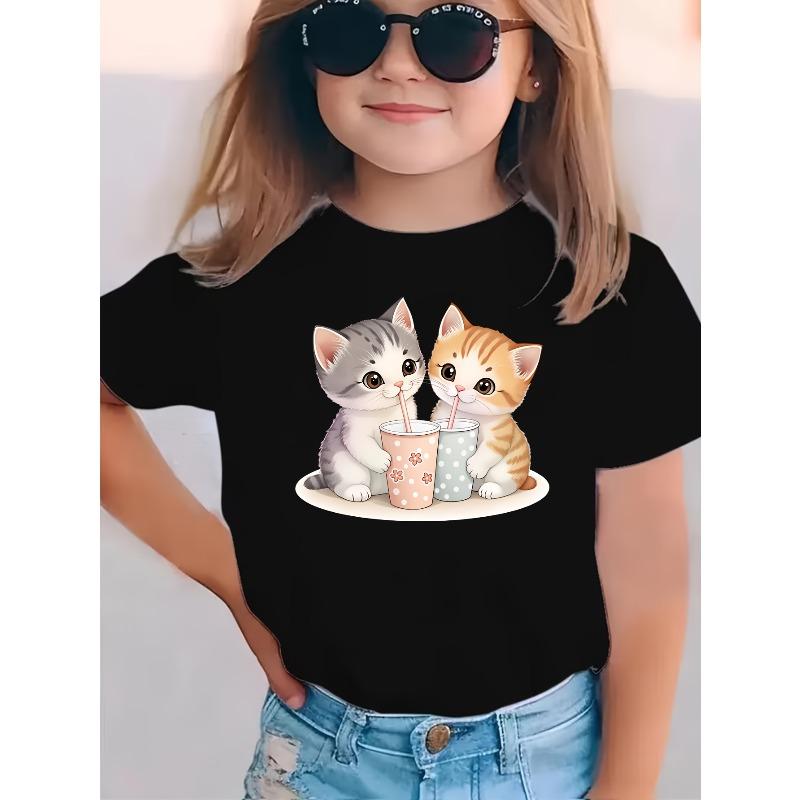 Girl's Cat Print Cute, Comfortable, and Versatile Short-Sleeve T-Shirt