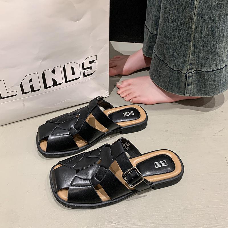 

Баотоу полутапочки женские весна-лето уличная обувь 2025 новые плетеные туфли-клетка из свиной кожи сандалии на плоской подошве женские 39