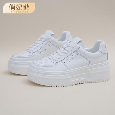 Leather Platform White Shoes Women's Spring New Inner Height Increase Breathable Versatile Casual Women's Shoes Laceup Board Shoes Women