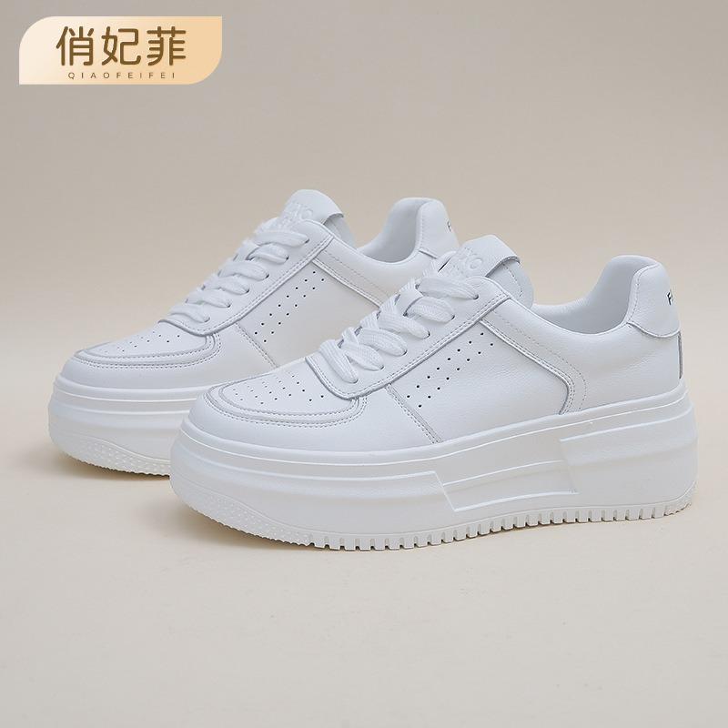 Leather platform white shoes women's spring new inner height increase breathable versatile casual women's shoes laceup board shoes women