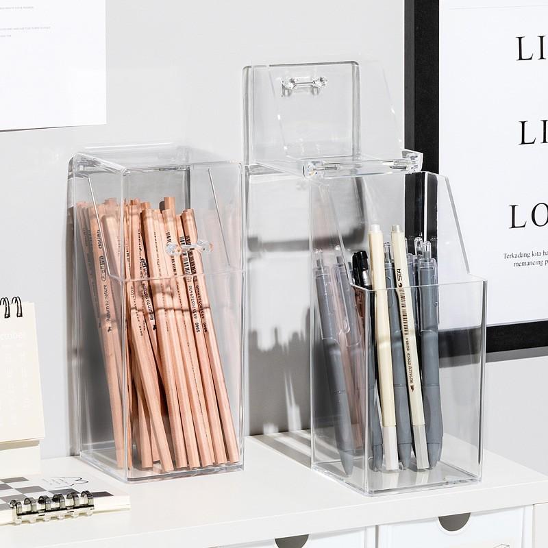 Clear Acrylic Desktop Organizer: Dustproof Pen & Makeup Brush Holder with Lid.