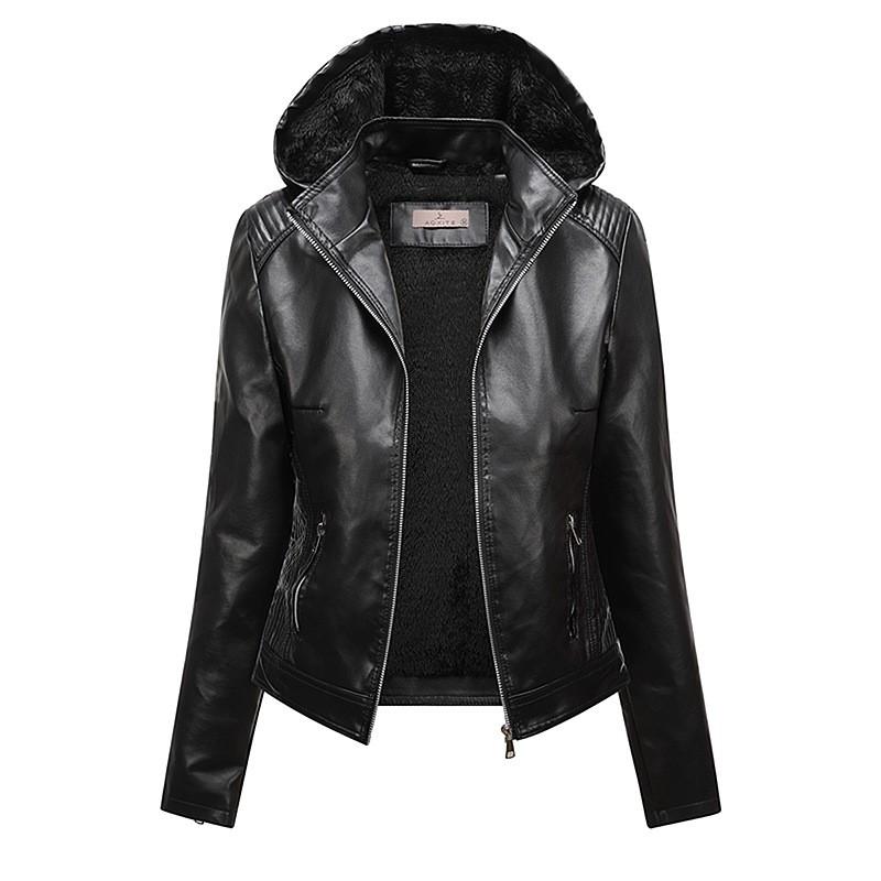 Womens Oversized Hooded Fleece-Lined PU Leather Jacket Plus Size 6XL Streetwear Rock Style Autumn Winter Coat