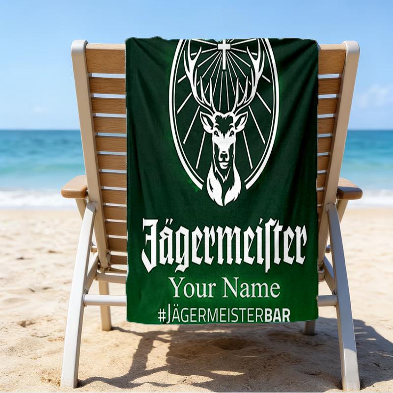 Custom Name Beach Towel Jager-meister Spirit Drink Beach Towel, Soft Microfiber, Gift for Her/Him, Birthday, for Pool, Beach, Travel, Fan gifts
