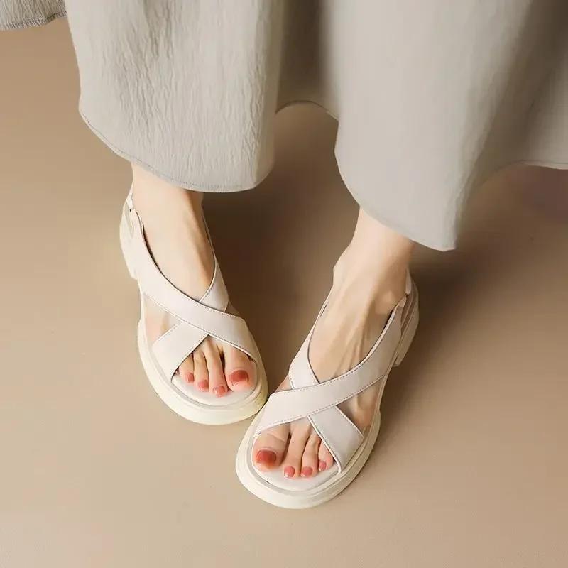 Fashion 2025 New Summer Sandal Women Open Toe Middle Heel Fashion Thick Bottom Women Shoes Leather Casual Solid Color Sandales for Women