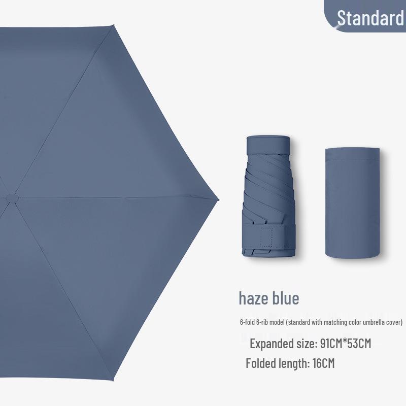 Compact Ultra-Light Six-Fold Capsule Umbrella with Black Glue Sun Protection and Hook