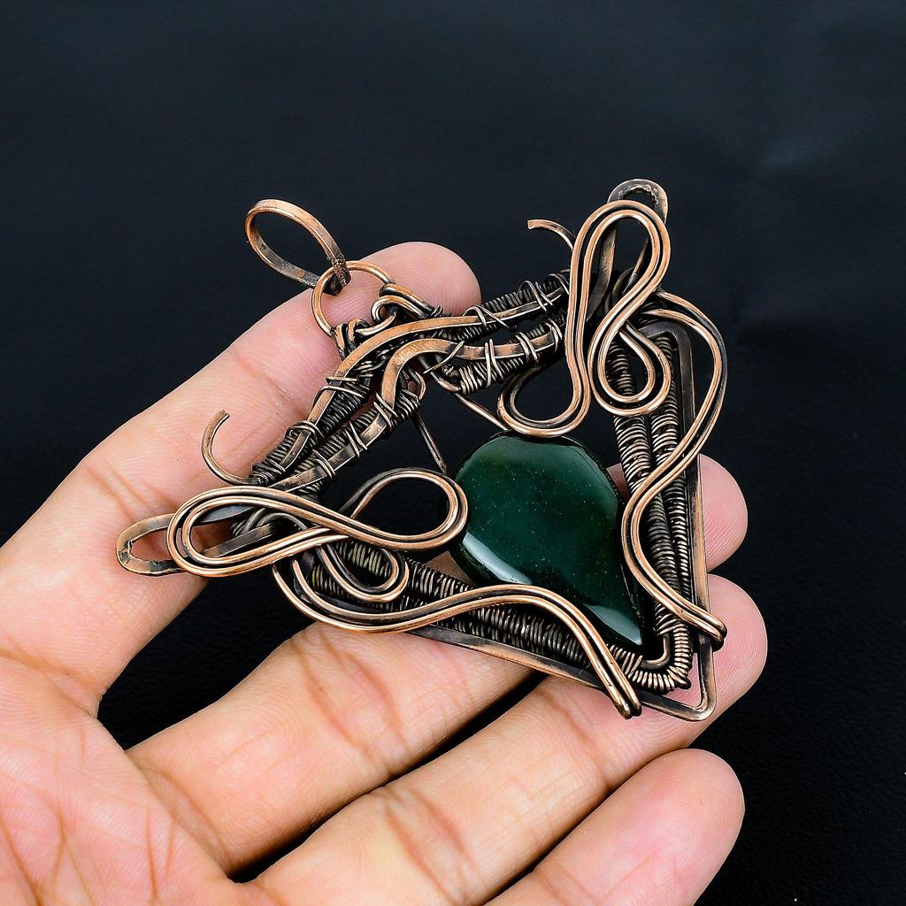Green Zade & Moonstone Pendant, 999 Copper Wire Wrapped Gemstone Jewelry, Handmade Pendant, Gift For Love