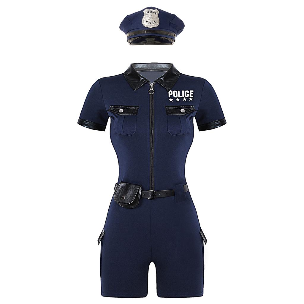 S-4XL 4Pcs Women Cop Outfits Policewoman Role Play Costume - Zipper Short Sleeve Jumpsuit with Belt, Purse, Hat Lingerie Uniform