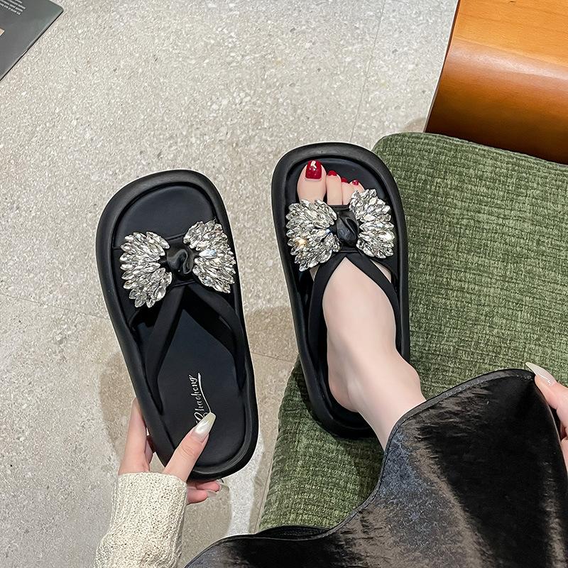 Thick-bottomed Cool Slippers Women's New High-end Sequined Bows In Summer 2025 Korean Style Fashion Outer Slippers