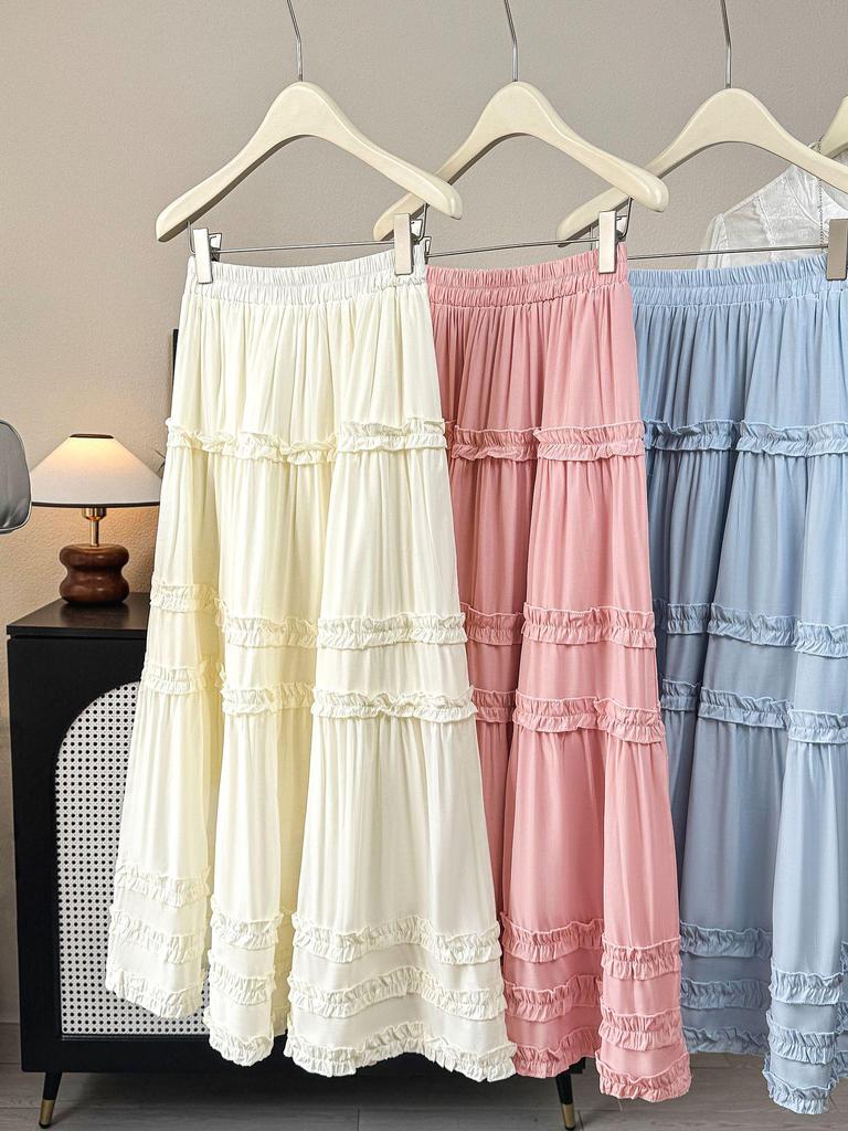 Women's Romantic French Ruffle Hem Layered Midi Skirt - Spring/Summer 2026 Collection, Princess White  