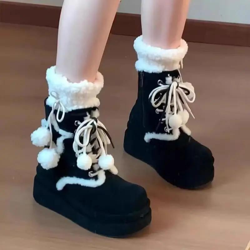 Cute Fluffy Fur Thick Bottom Winter Women Ankle Boots Fashion Cozy Chunky Platform Wedge Heel Women Plush Snow Boots Botas Mujer