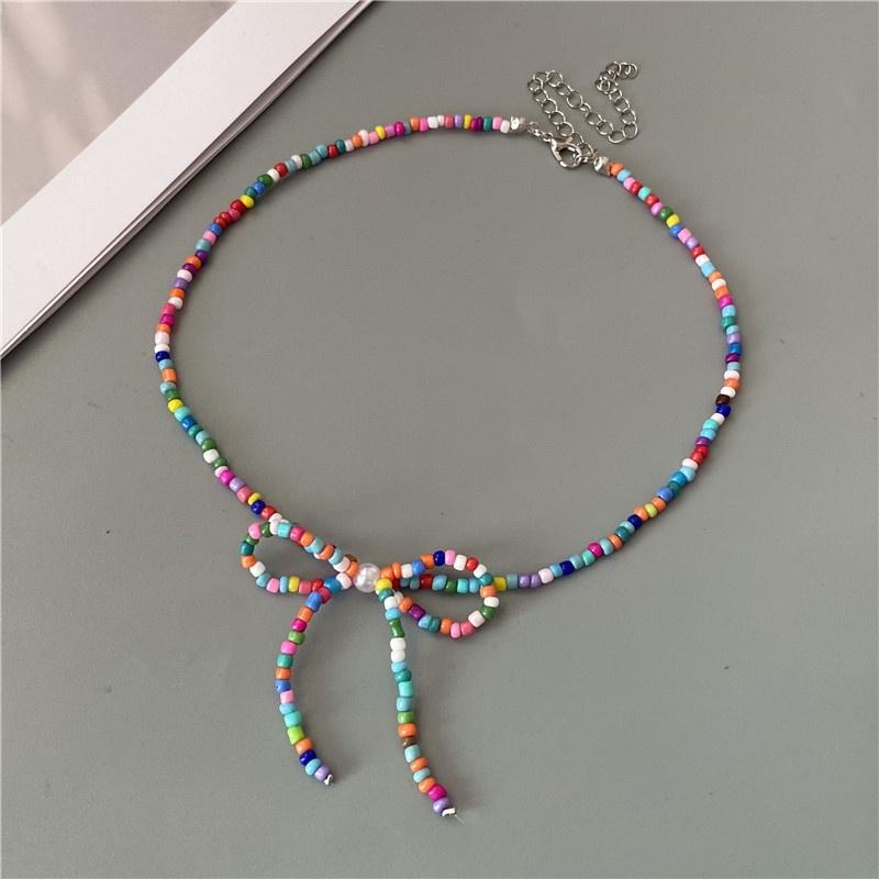 Korean Fashion Knotbow Choker Necklace for Girl Trendy Romantic Handmade Rice Beads Short Neck Jewelry Gift for Friend