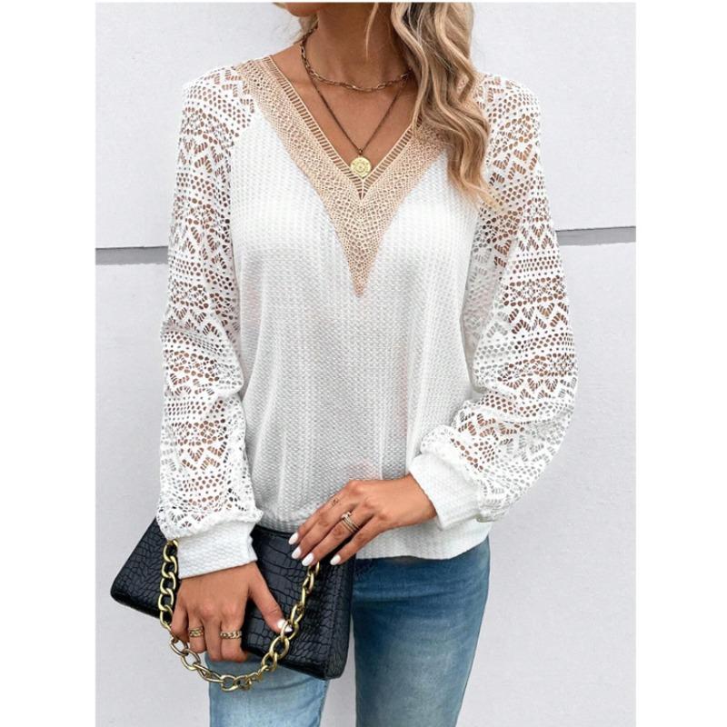 Autumn Women's Long Sleeved V-neck Patchwork Hollow Lace Perspective Casual T-Shirts Women’s