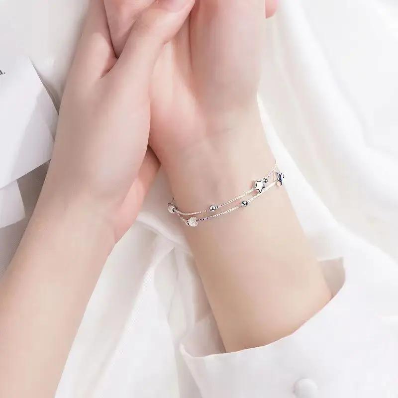 925 Sterling Silver Bead Chain Bracelets For Women Korean Sweet Double Layer Beautiful Stars Bracelets Original Jewelry Gifts
