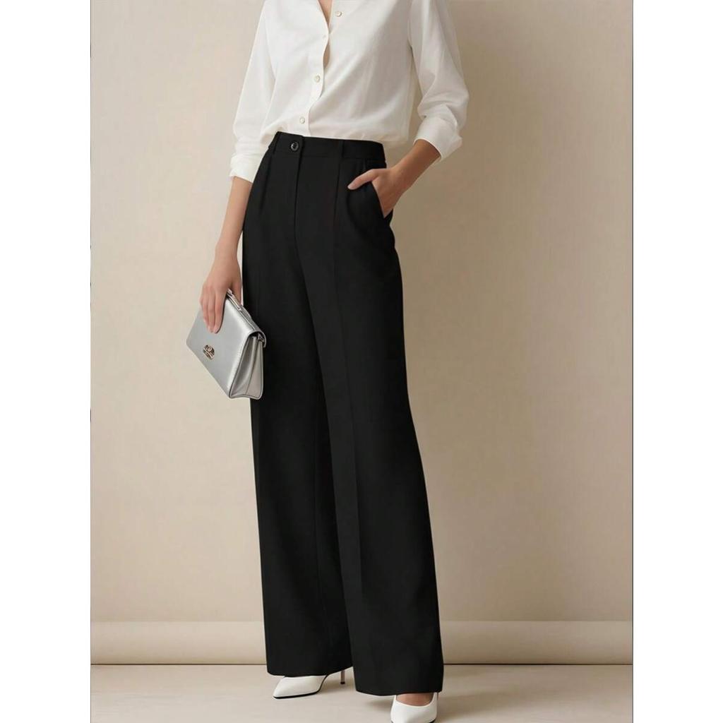 Jednokolorowe spodnie casual, Damskie spodnie z wysokim stanem, plisowane, luźne, Spodnie do pracy