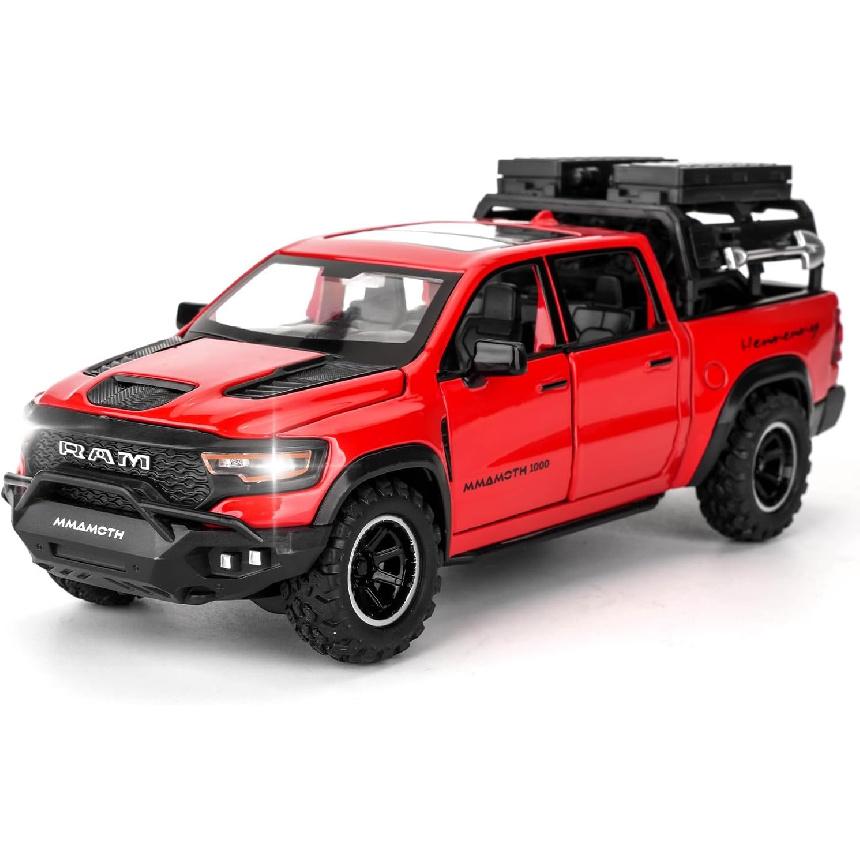 BDTCTK Dodge Ram Mammoth Pick-Up Truck Model Car, Zinc Alloy Pull Back Toy car with Sound and Light for Kids Boy Girl Gift(Red)
