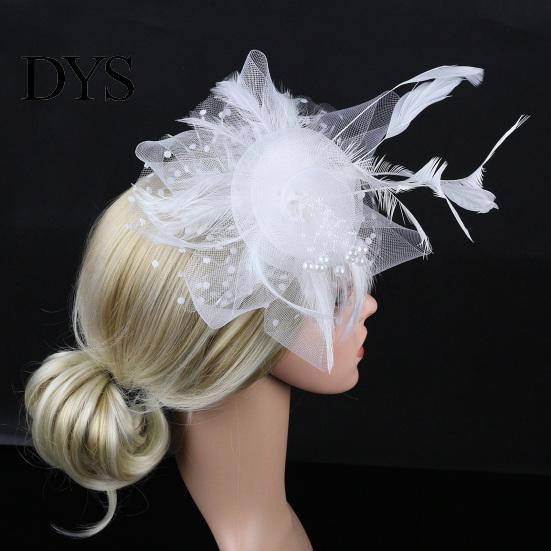 Pillbox Hat Imitation Pearls Decor Sweet Fascinator with Headband Faux Bridal Headwear Feather Flower Mesh Shape Party Headgear Photograph Props
