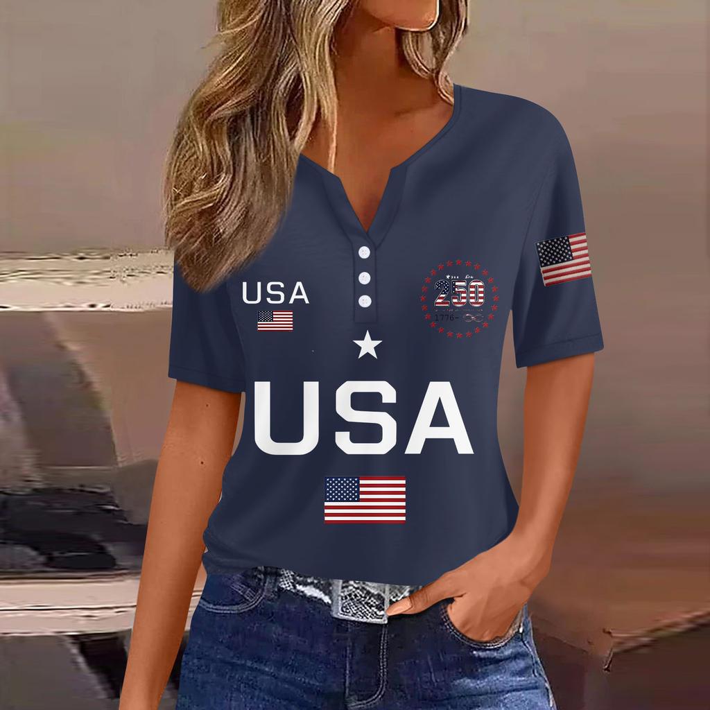 Damen-T-Shirt mit Aufdruck „Unabhängigkeitstag“ und Knopfleiste, kurzärmelig, für den Alltag und das Wochenende, modisch, Basic, V-Ausschnitt, normales Oberteil