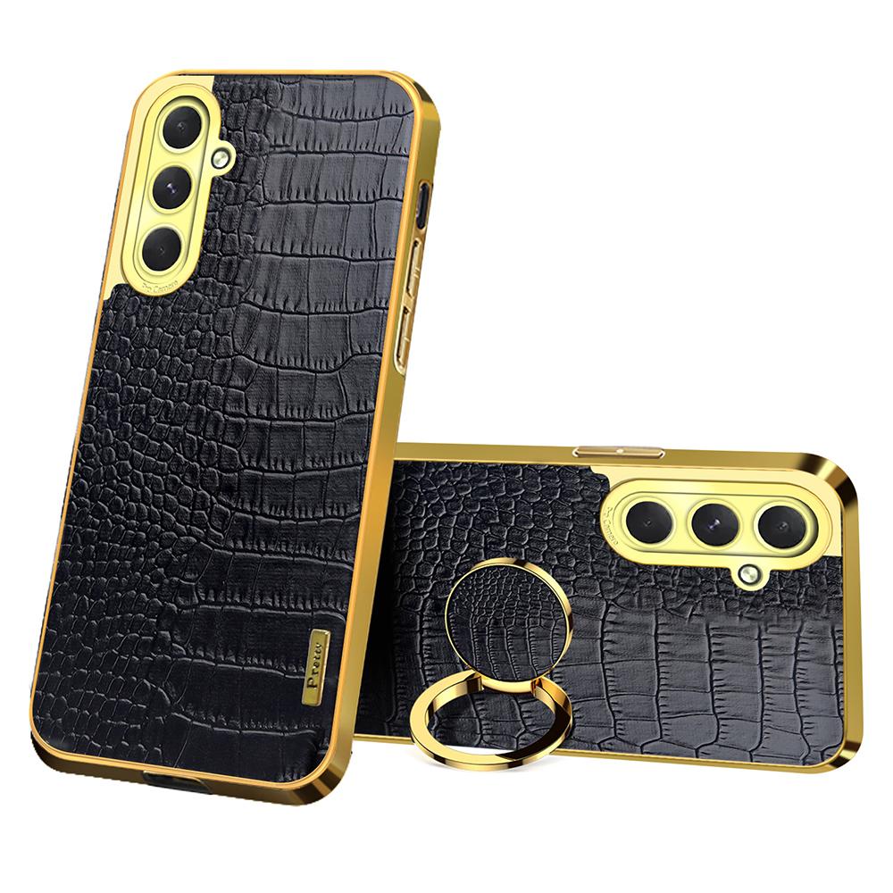 For Samsung Galaxy S24 FE Case Finger Ring Kickstand TPU+Leather 6D Electroplating Phone Cover