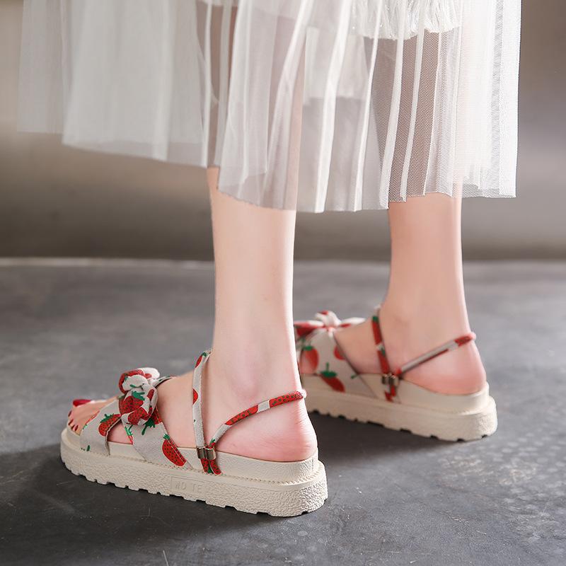 Strawberry Cute Slippers Female Summer Wear Fairy Style Bow Thick Sole Two Wear Sandals Cool Slippers Comfortable