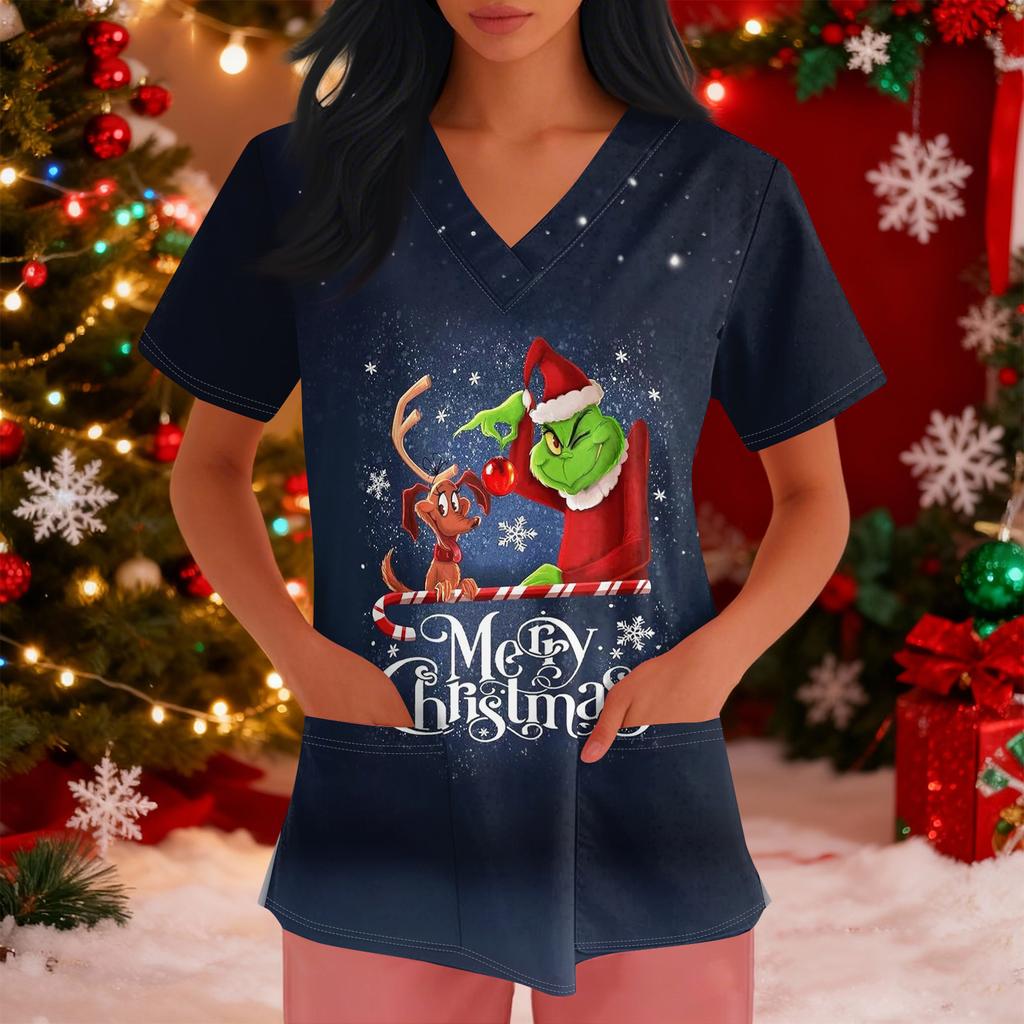 Women's Loose Short Sleeved Fashionable Tooth Pattern Printing V-neck Buttonable Side Slit Top T-shirt