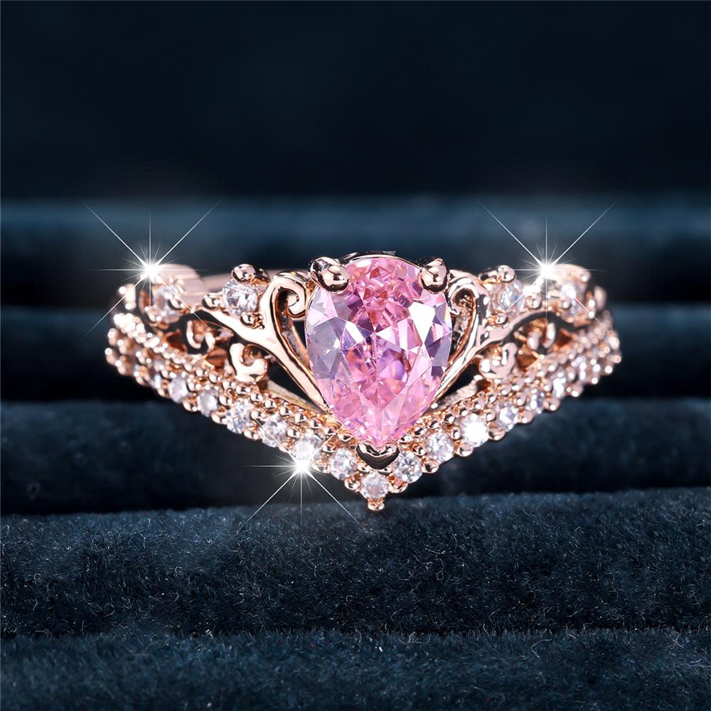 Luxury Female Pink Water Drop Zircon Stone Ring Dainty Rose Gold Wedding Jewelry For Women