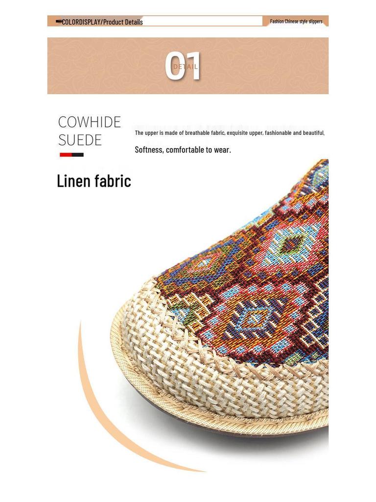 Women's Ethnic Flat Slippers - Summer Cotton Linen Embroidered Soft Sole Shoes
