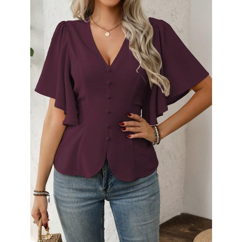 JKASHDK Women's Fashion Casual Summer Spring Solid Color Print Short Sleeve V-Neck Blouses & Shirts
