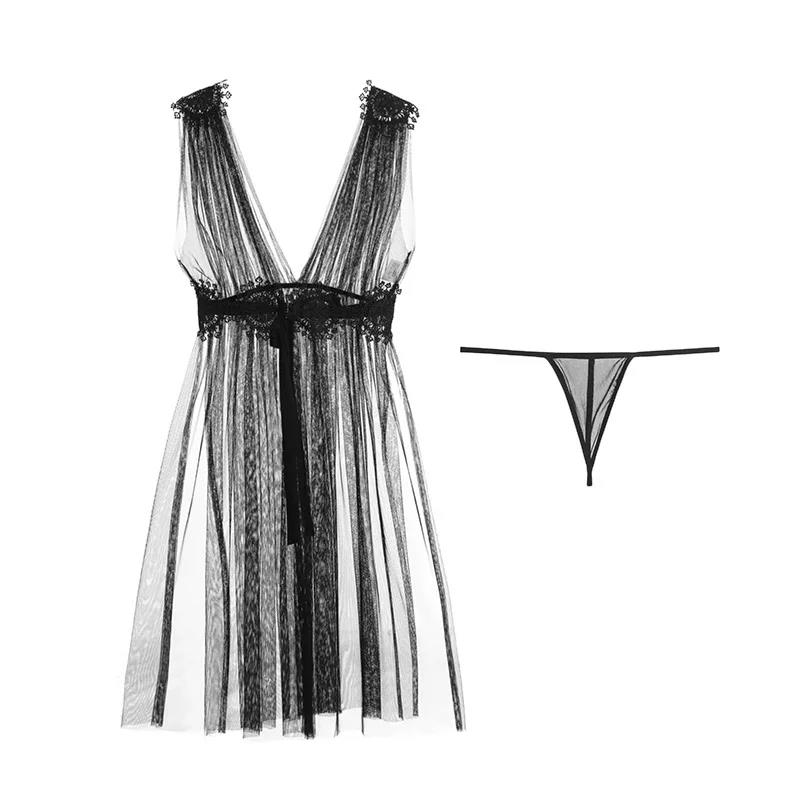 Exotic Lingerie Women's New Sexy Nightwear Transparent Mesh Split Lace Flower Long Dress Passionate