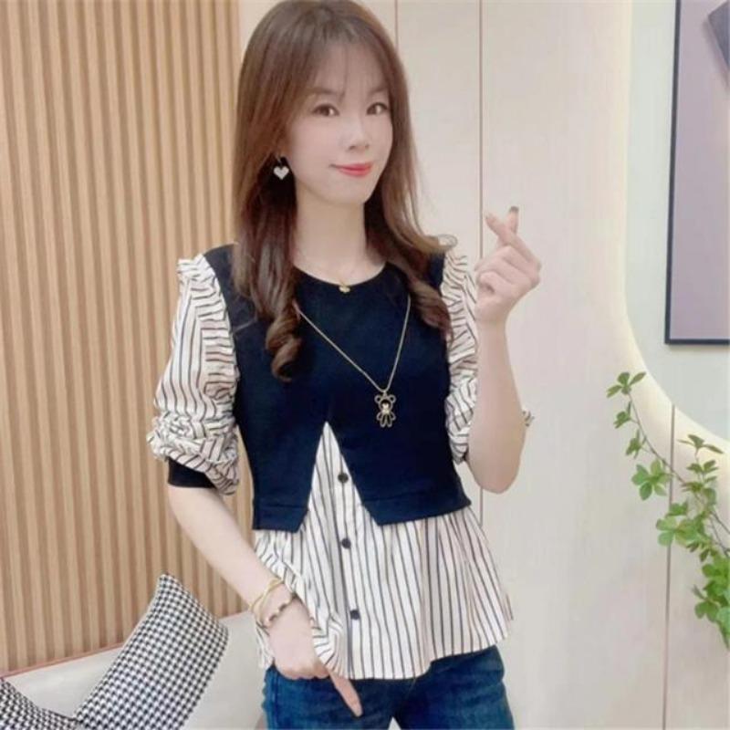

Spring Autumn Round Neck Fake Two Pieces Casual Shirt Women Long Sleeve Ruffles Striped Patchwork Blouse Top S