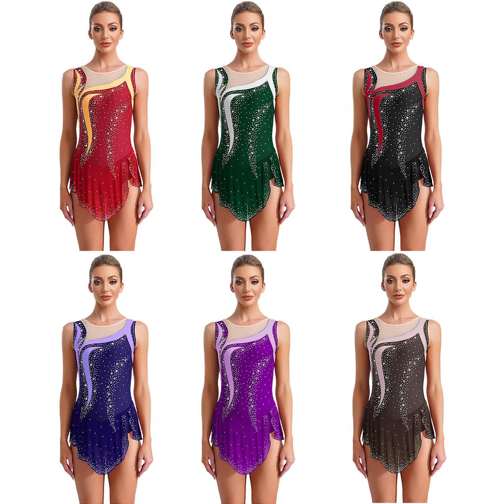 Dámský soutěžní dres - Bez rukávů s kulatým výstřihem, zdobený kamínky a s rozparkem přes vrchní vrstvu pro tanec