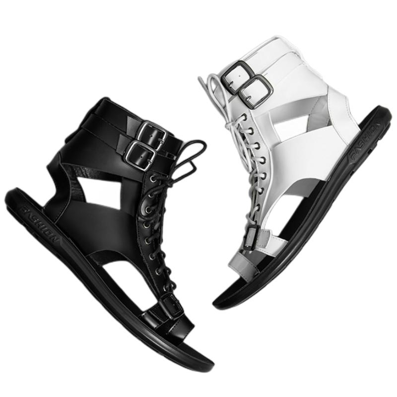 Fashion New Sandals for Men Black White Buckle Strap Men Summer Sandals Fashion Handmade Pu Leather Mens Shoes