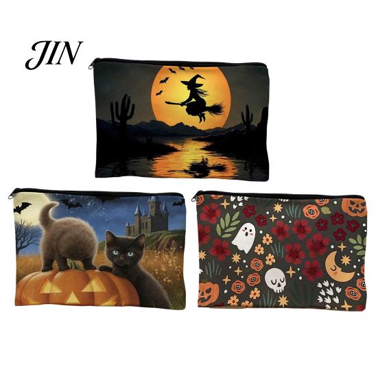 Thick Fabric Storage Bag Bag, with Halloween Pattern Printed, Smooth Zipper Themed Organizer Canvas Makeup Large Capacity Travel Cosmetic Pouch