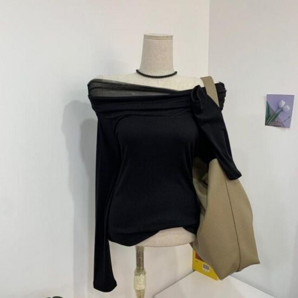 C S In The Room Sheer Layered Shirred Off Shoulder Long Sleeve T ShirT 4 Color