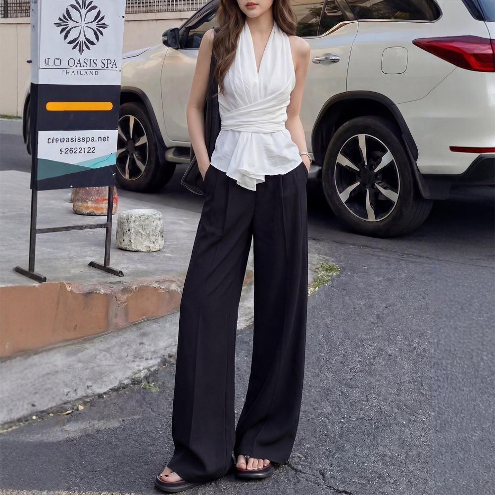Women's High Waist Wide Leg Pants Loose Suit Trousers Pleated Front Linen Blend Casual Office Long Pants